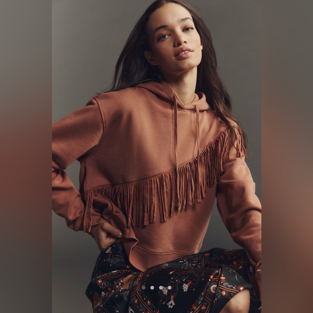 Anthropologie Pilcro Fringe Hooded Sweatshirt Mink Blush, size L, like new!